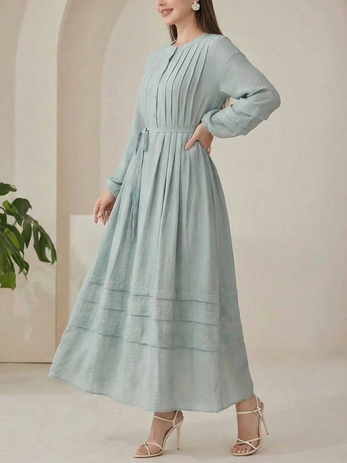 Womens Elegant Round Neck Button Detail Long Dress