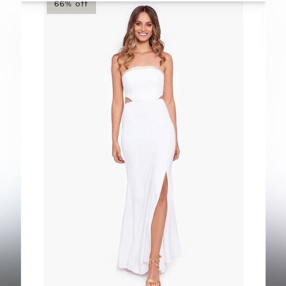 Xscape Amabella lace up long strapless scuba crepe white embelishment 16 wedding