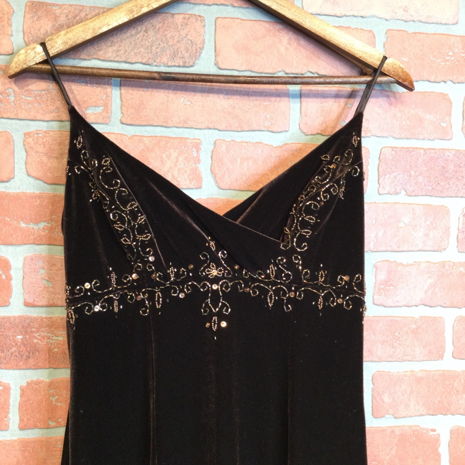 90s Y2K Dave & Johnny Brown Evening Dress 3/4 Beaded Babydoll Spaghetti Strap