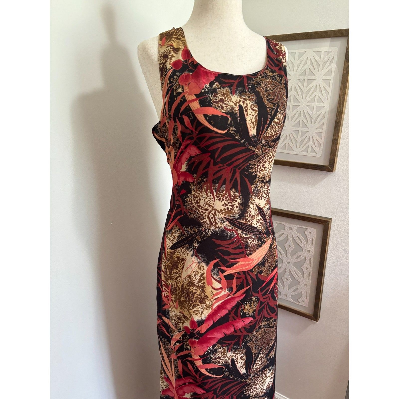 Studio Ease Tropical Animal Print Maxi Dress Size 12 Red Brown Y2K Resort Bold