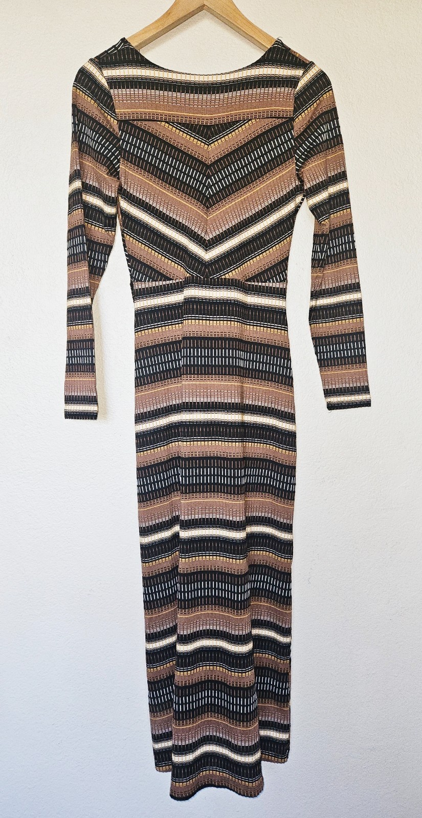 Maeve Striped Wrap Midi Dress XS Textured Brown Black Gold 70s Mod Anthropologie