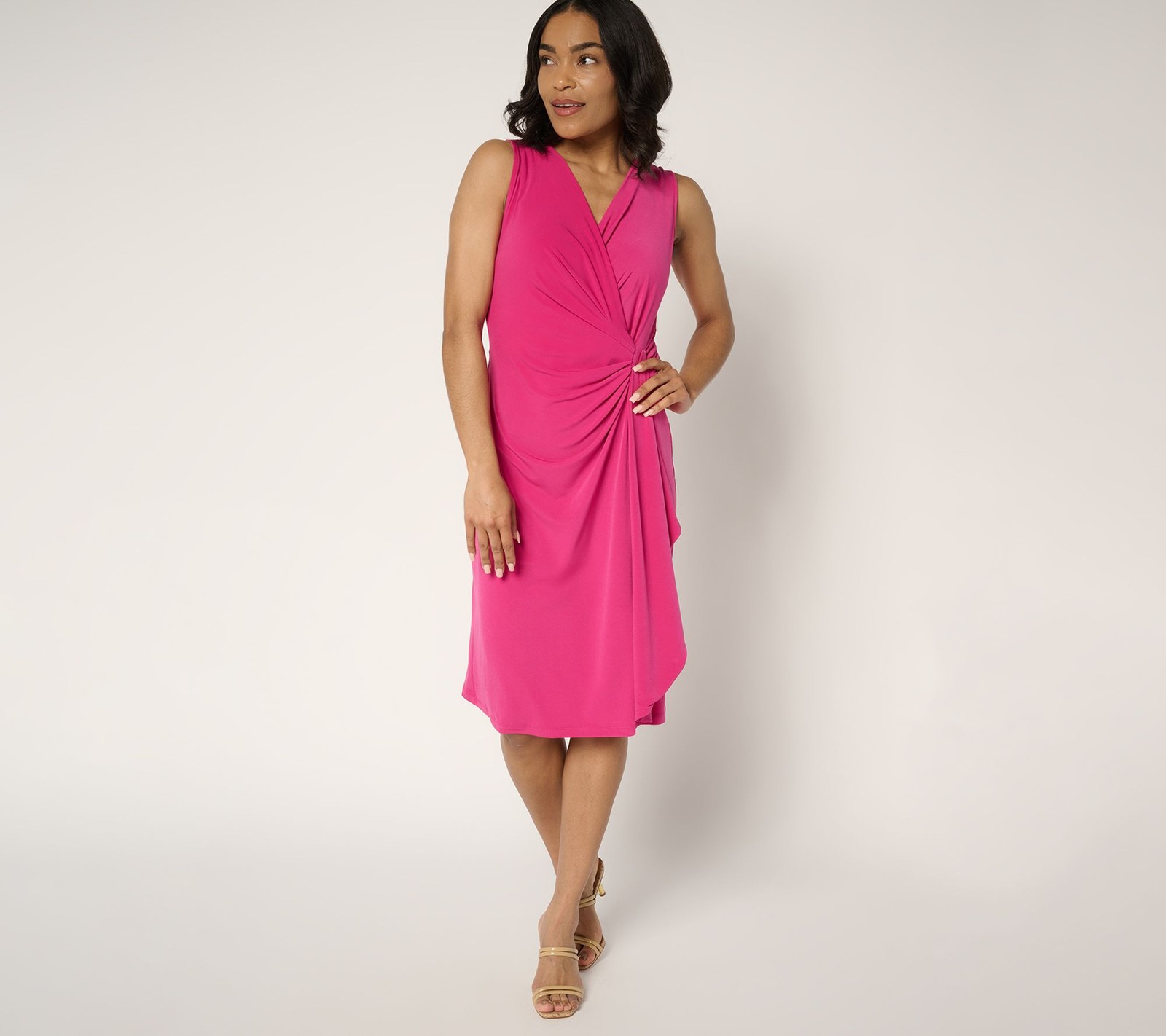 Susan Graver Regular Liquid Knit Faux Wrap Cascade Dress Bright Fuchsia L New