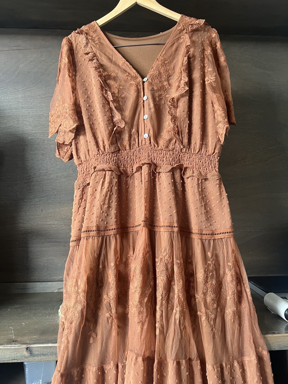WOMENS RUFFLE RUST DRESS V-Neck Sheer SHORT Sleeve Ruffle Dress SIZE XXL LINED