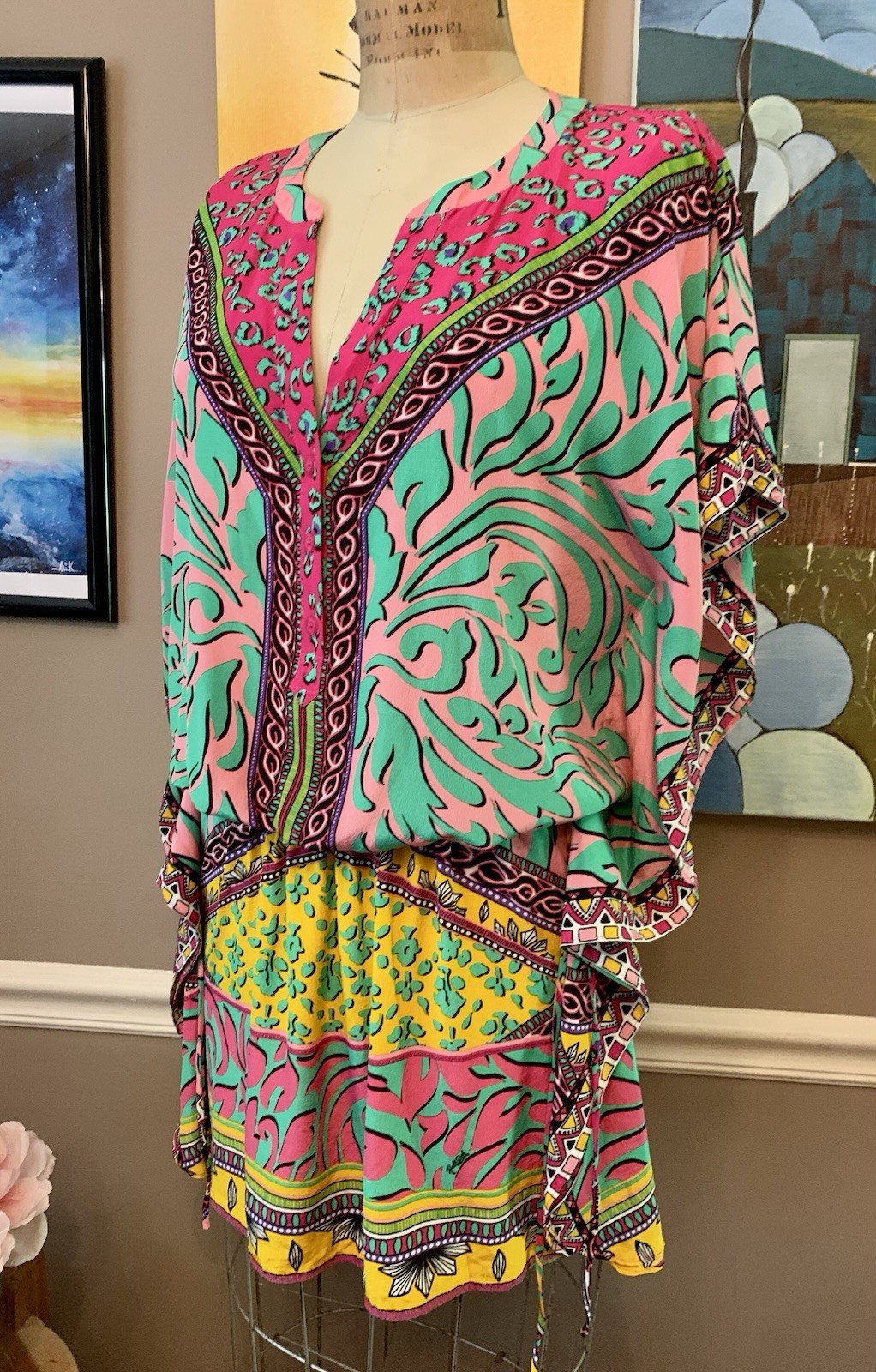 Hale Bob Silk Blend Vibrant Mixed Print Kaftan Tunic Mini Dress