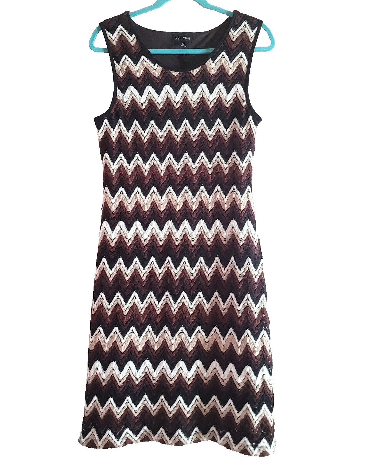 Knit Chevron sz 12 Dress Sleeveless Black Brown White Zigzag Knit Voir Voir