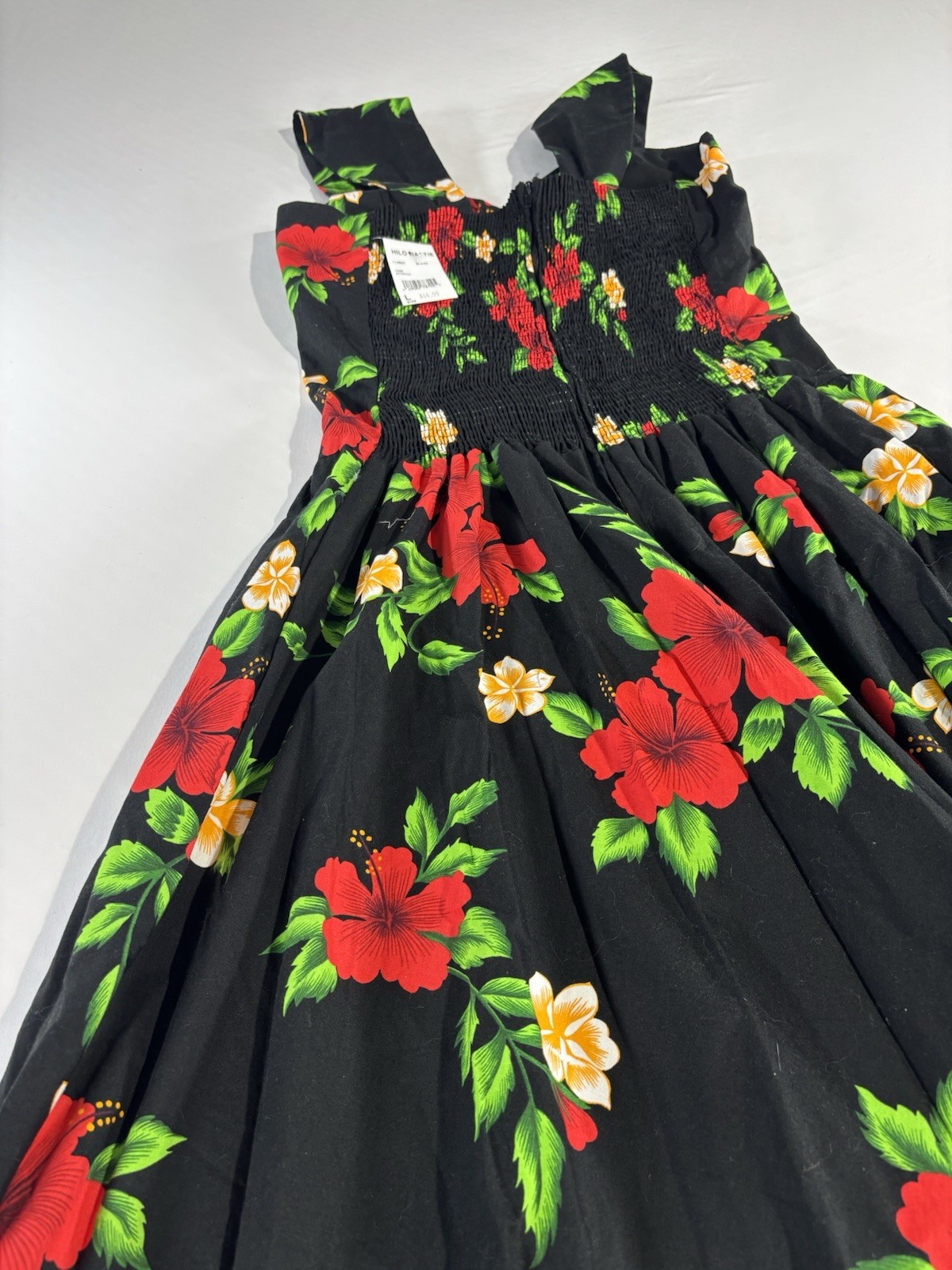 Royal Creations Hawaiian Black Smocked Halter Sundress Size L Floral Hibiscus