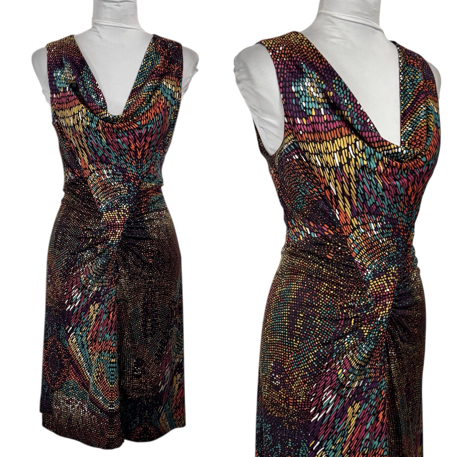 Trina Turk Draped Silk Jersey Dress Size 4 Black Rainbow Polka Dot Retro Ruched