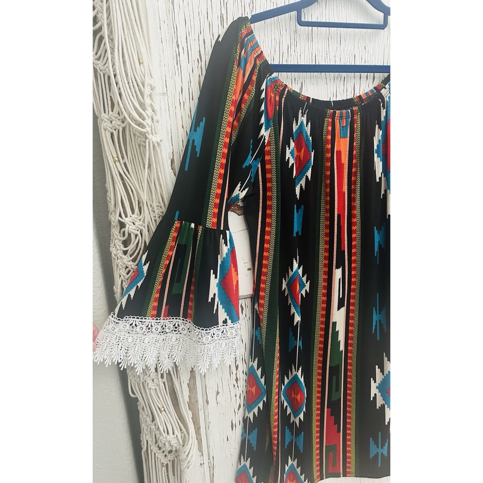 R. Rouge Womens Multicolor Aztec Bohemian Bell Sleeve Tunic Mini Dress