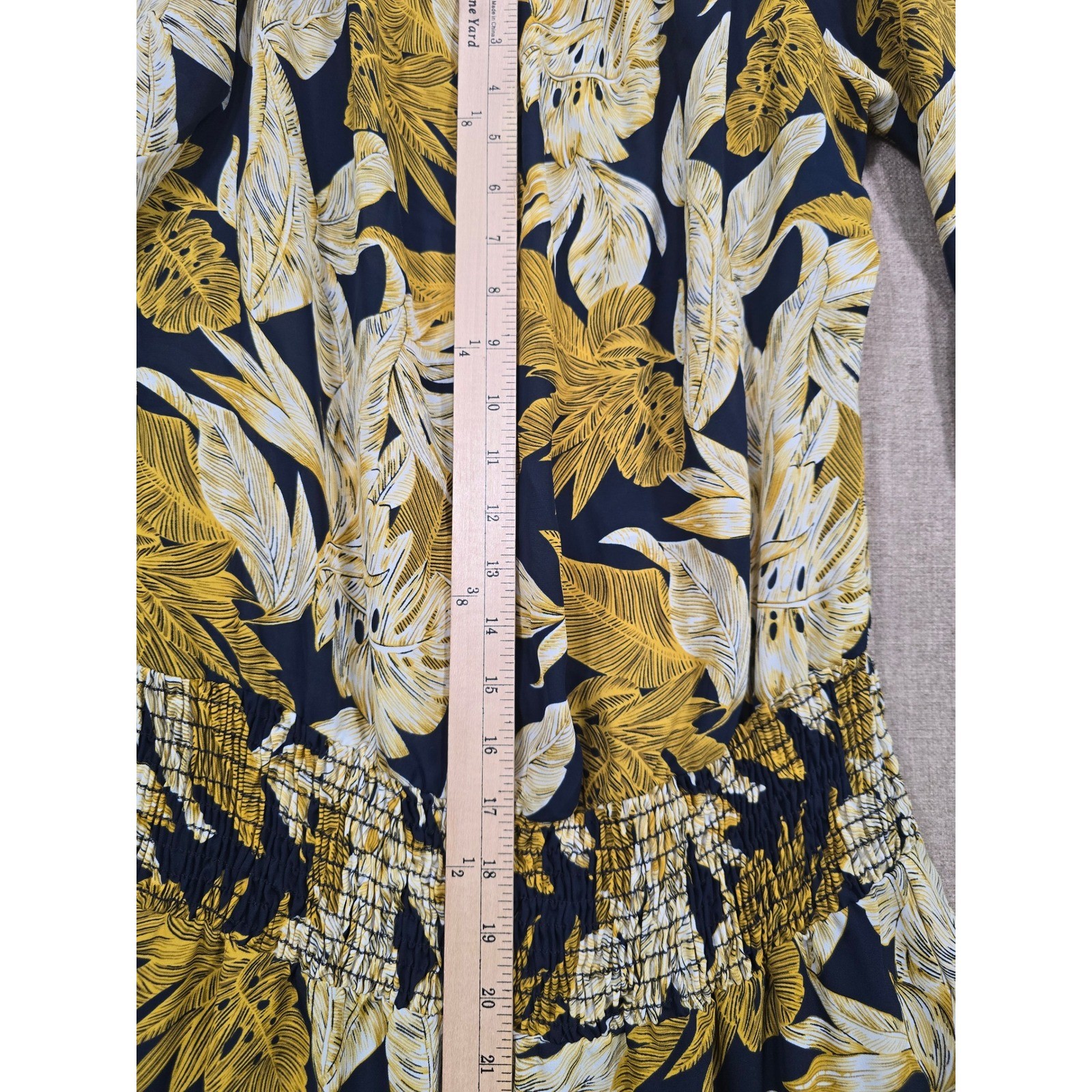 Veronica M Tropical Palm Leaf Smocked Drop Waist Mini Dress Navy Yellow Medium