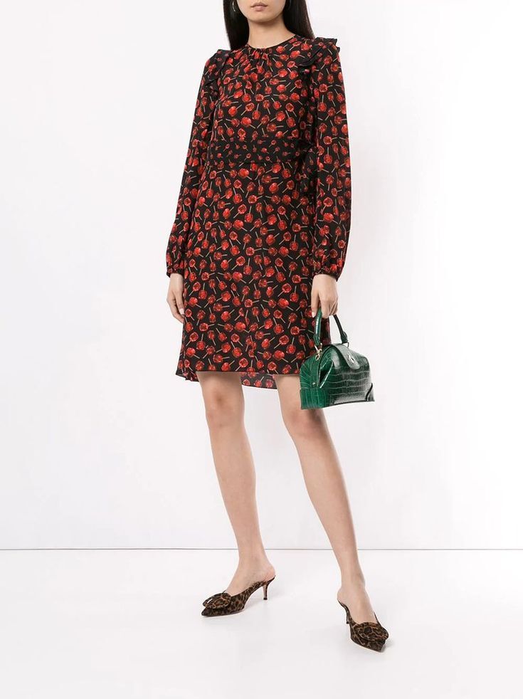 No. 21 Black and Red Candy Apple Lollipop Print Silk Long Sleeve Dress Size 44