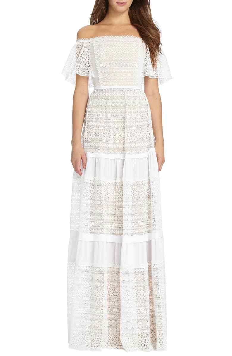 MONIQUE LHUILLIER ML White Nude Tiered Off Shoulder Lace A-Line Maxi Gown 14 US