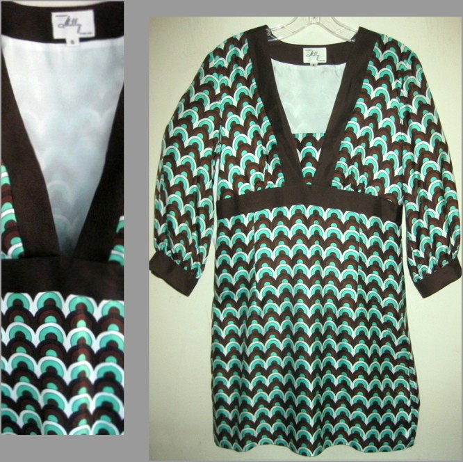 Pure silk dress 8 Green Brown 2-way V-neck Zigzag print Short USA Milly NY