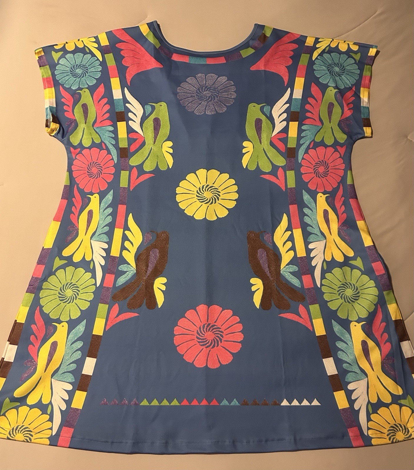 Women’s Blue Multicolor Bird Floral Print Scoop Neck Cap Sleeve Shift Dress