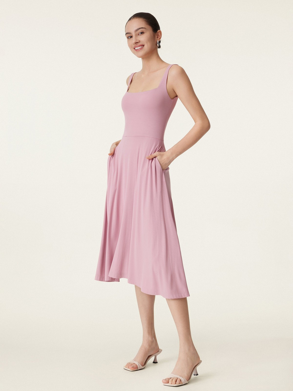 Hot Deal OGLMOVE Square Neck Flowy New Airy Bra Midi Dress