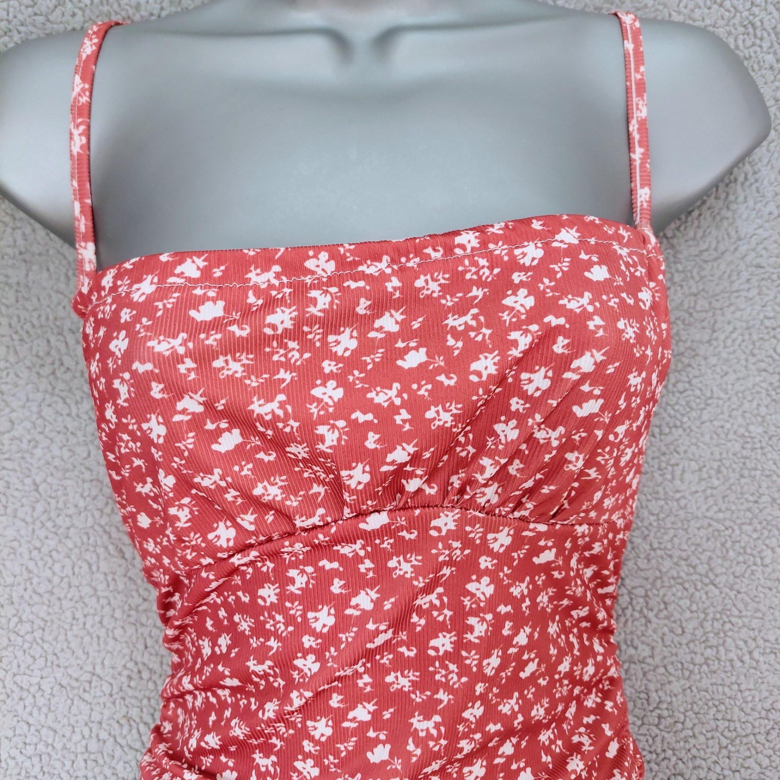 Ladies Size S Red White Floral Ruched Strappy Ribbed Stretch Midi Bodycon Dress