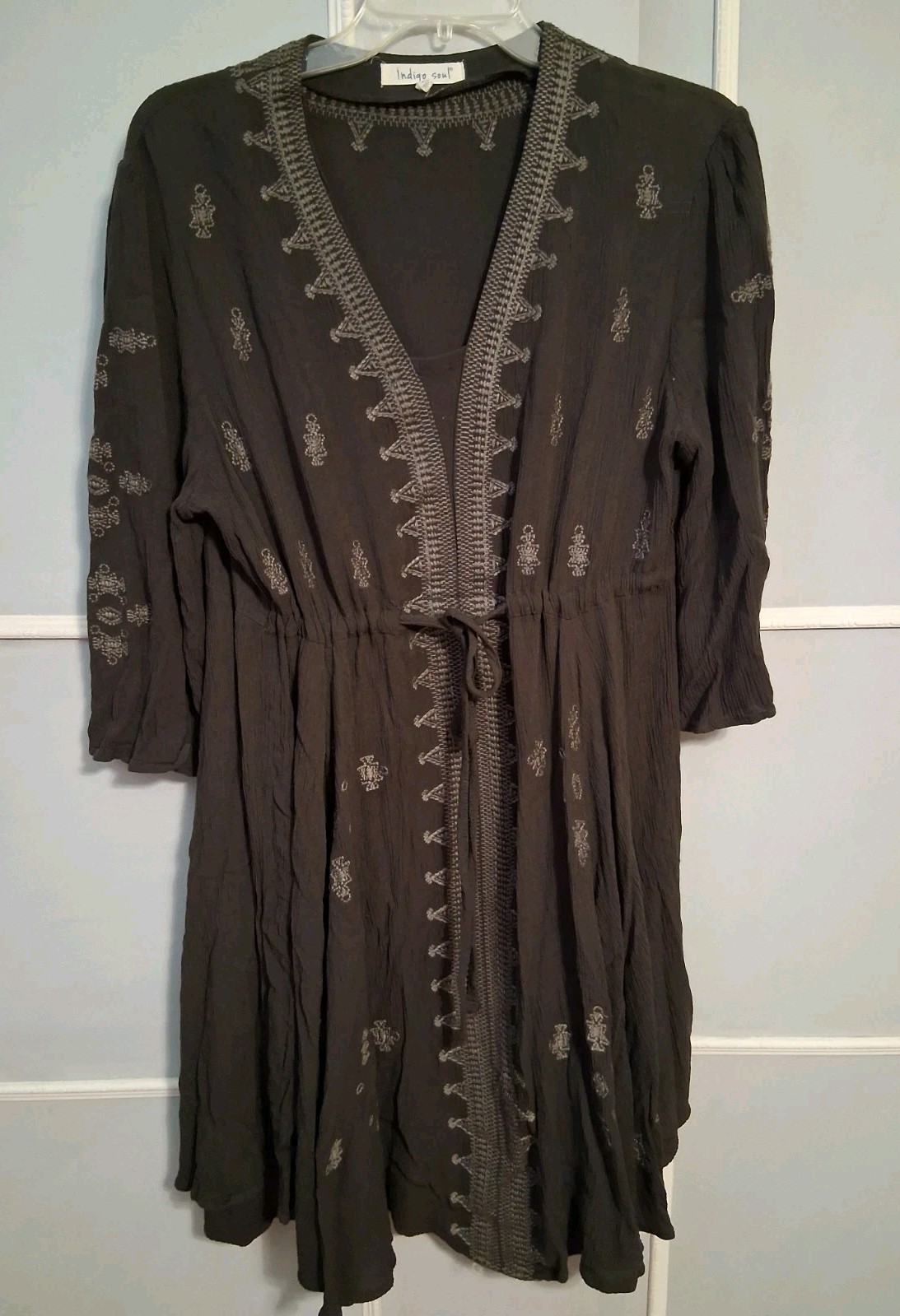 INDIGO SOUL Boho Peasant Embroidered Pullover Dress L Brown Crinkle Rayon