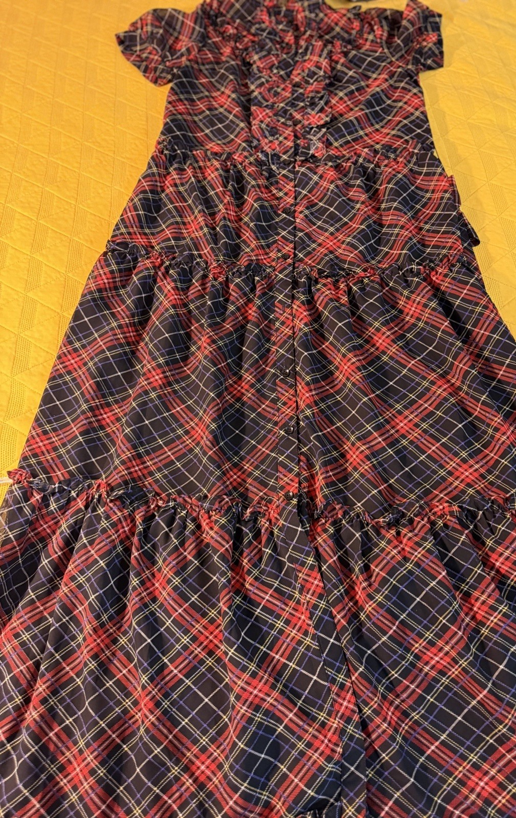 RYU Women’s Medium Plaid Maxi Dress Red Navy Tiered Button Front Boho