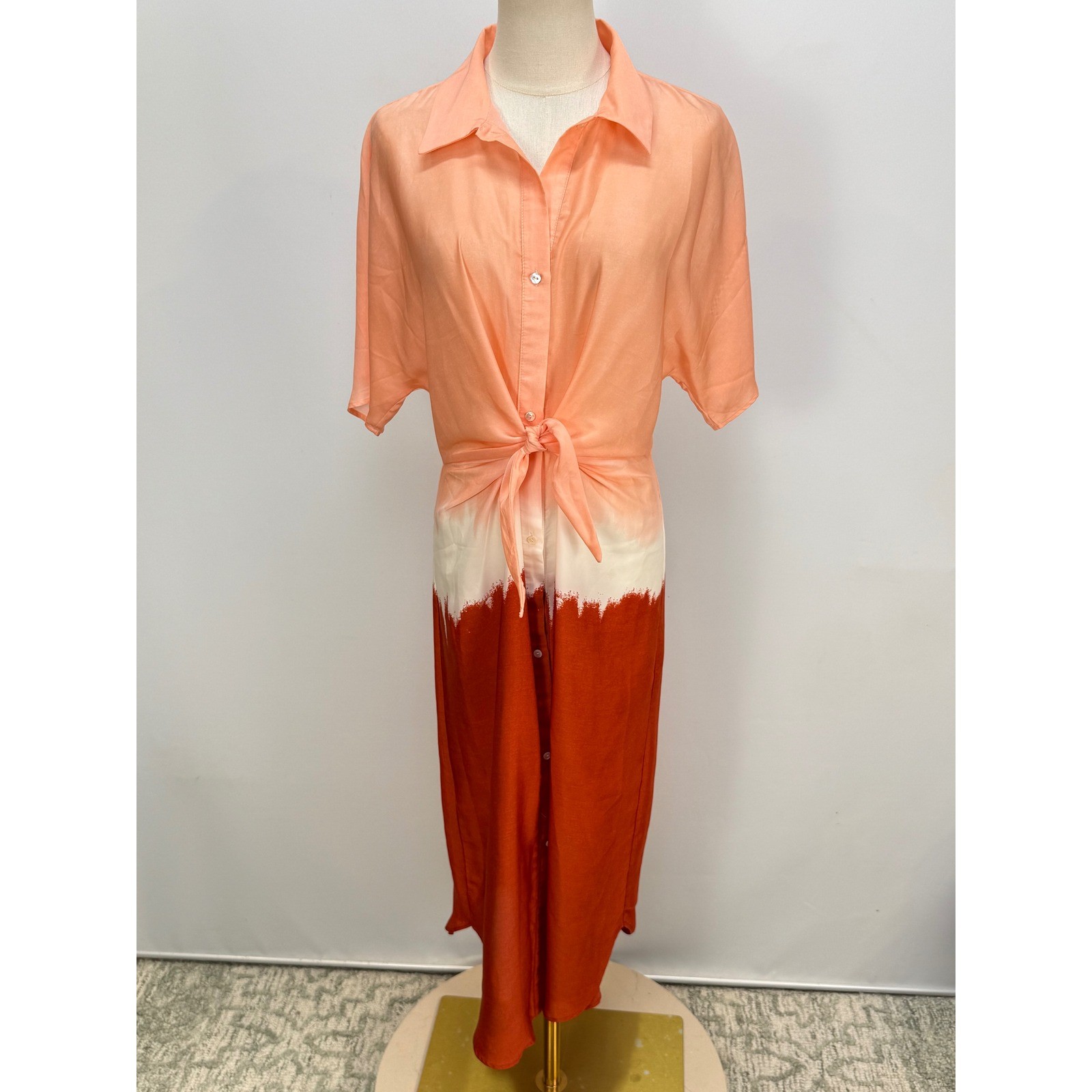 Anthropologie Mango Tie-Front Dip-Dye Midi Shirt Dress Peach Orange Rust Ombre