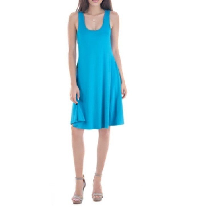 24seven Comfort Sleeveless Fit Flared Midi Dress Womens L Blue Effortless Chic