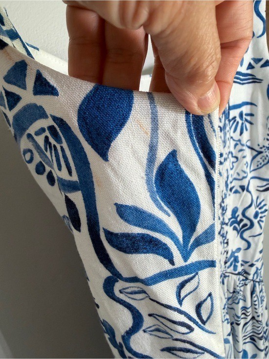 CeCe Ivory Blue Mediterranean Tile Print Tiered Maxi Dress Sz LARGE Rayon Linen