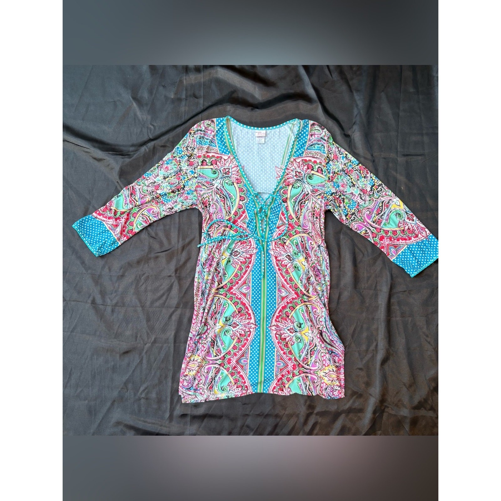 Vibrant Paisley V-Neck Tunic Dress in Teal & Pink-Profile Blush Size S