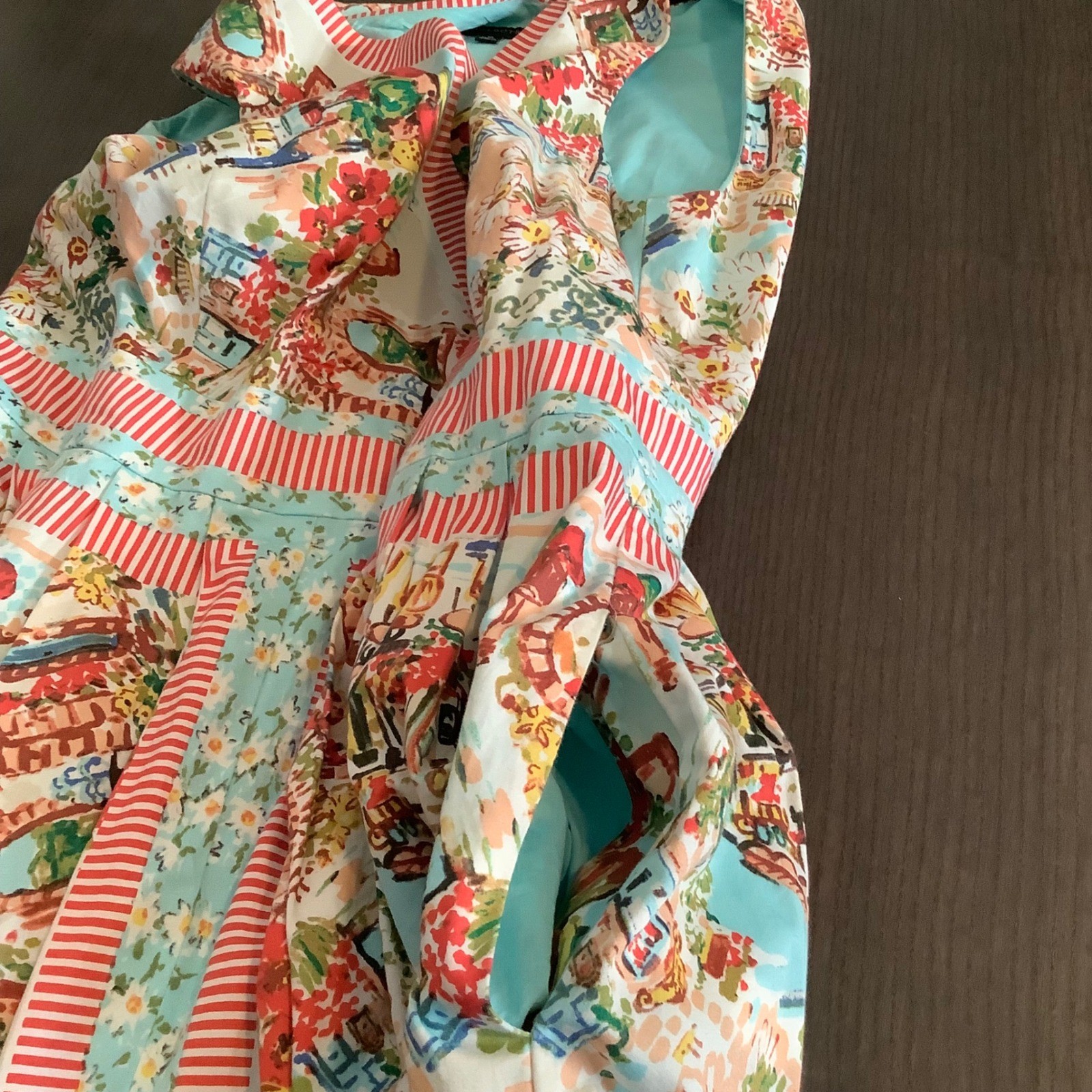 Talbots Mediterranean Cafe Novelty Print Sleeveless Cotton Dress Multi Color 10