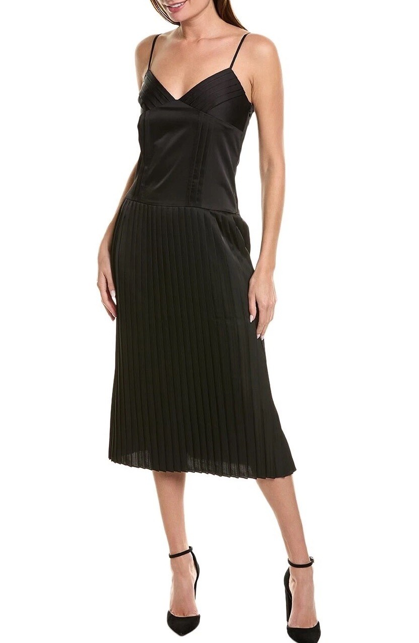 Rebecca Taylor Size 6 Dress Black Sateen Pleated Sleeveless Slip Midi LBD $325