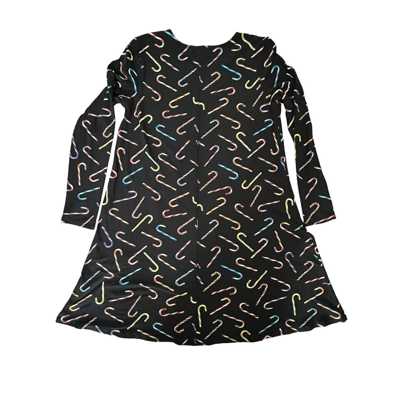 Joyland Colorful Candy Cane Xmas Print Dress Black Long Sleeve Dress Womens M