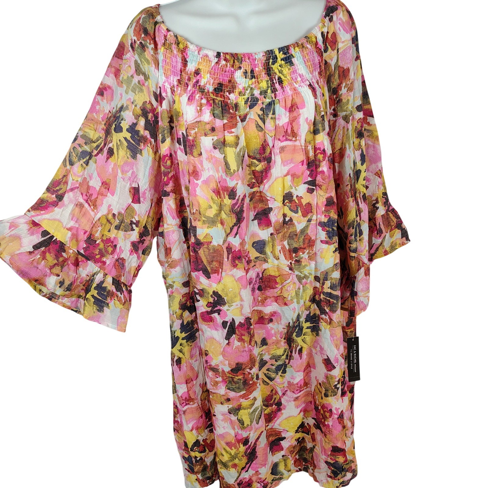 NWT Zac & Rachel Womens 2X Floral Smocked Bell Sleeve Dress Lilac Rose Boho