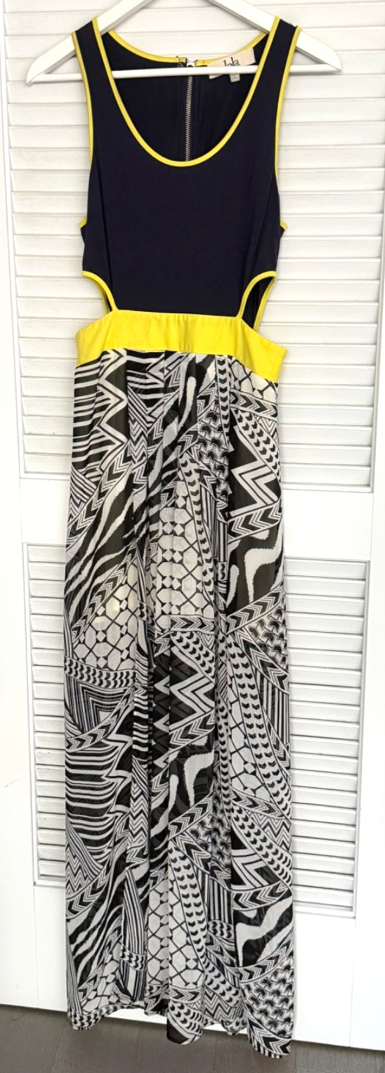 Lulus Lola Navy Yellow Geometric Aztec Side Cutout Maxi Dress Festival Small S