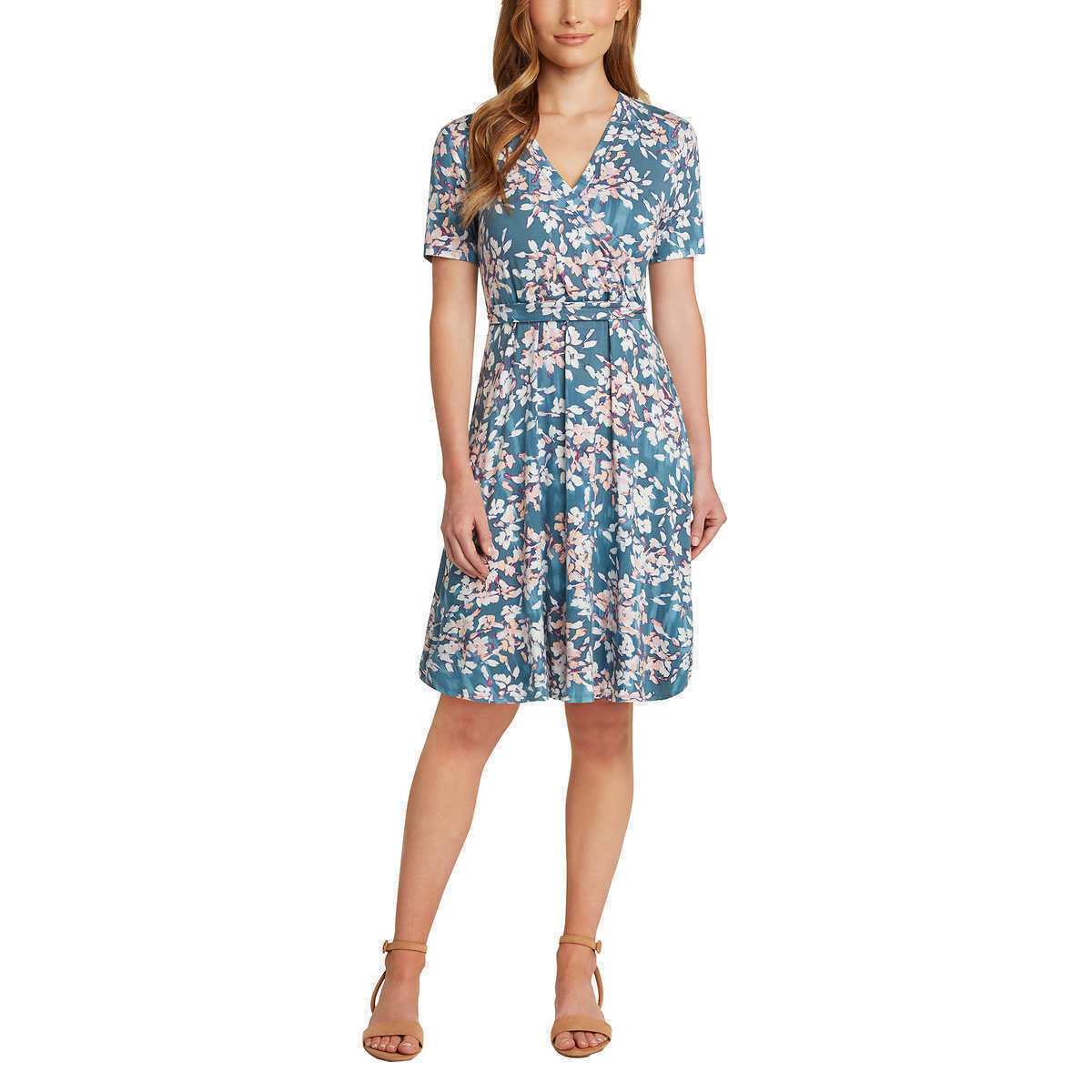 Matty M Size:LARGE Ladies Faux Wrap Dress Color: Blue Floral