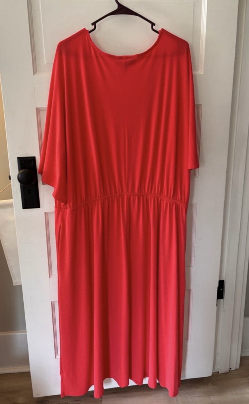 Lane Bryant Red Solid V-Neck Shift Midi Dress Short Batwing Sleeve Plus 26/28