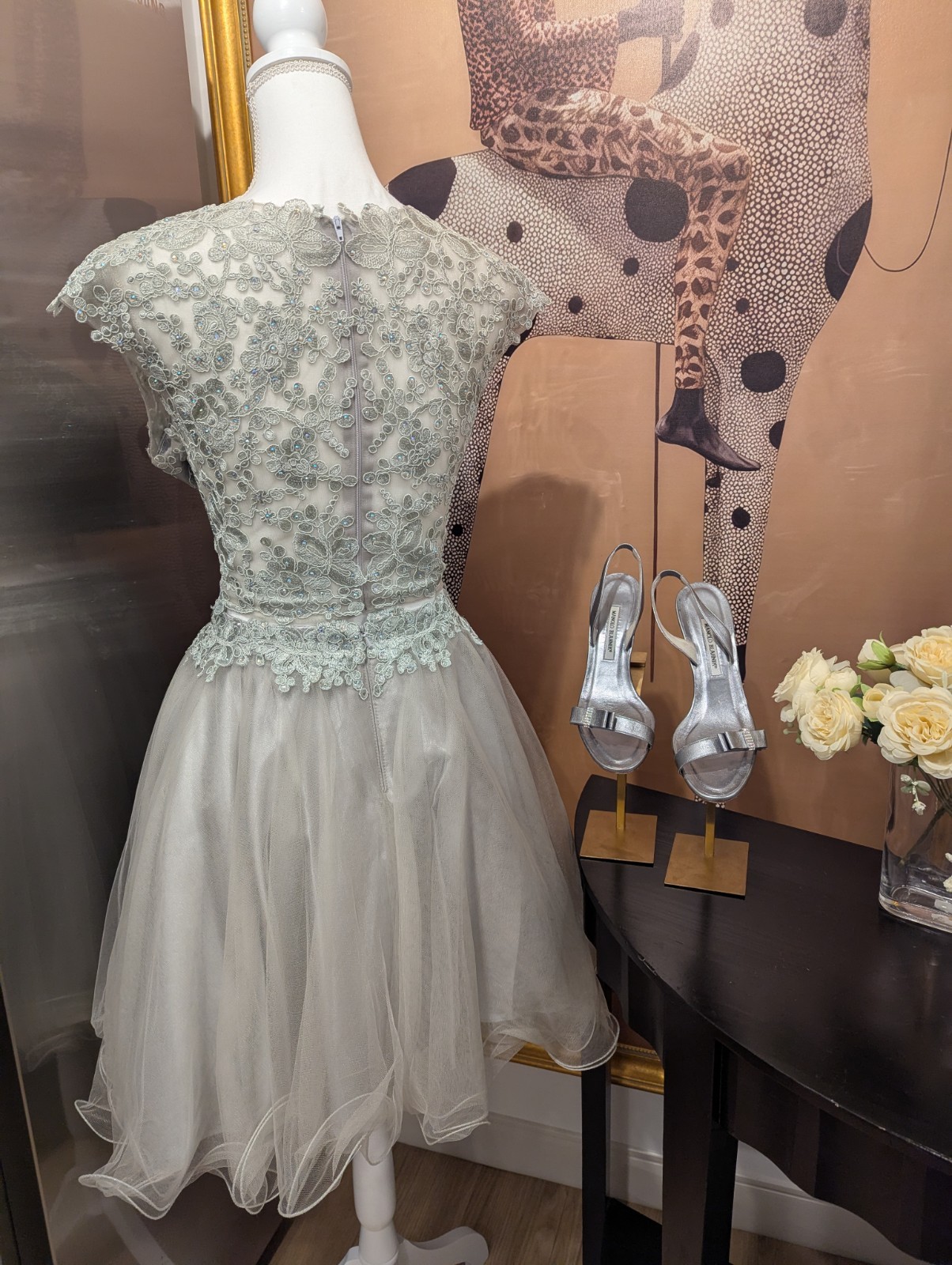 May Queen Size 12 Gray Beaded Embroidered Tulle V-Neck A-Line Knee Dress