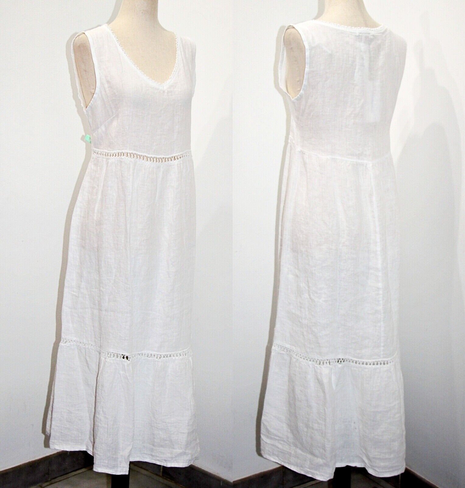 Valentina Naldi 100% Linen Crochet Trim Tiered Summer Dress sz M Made in Italy