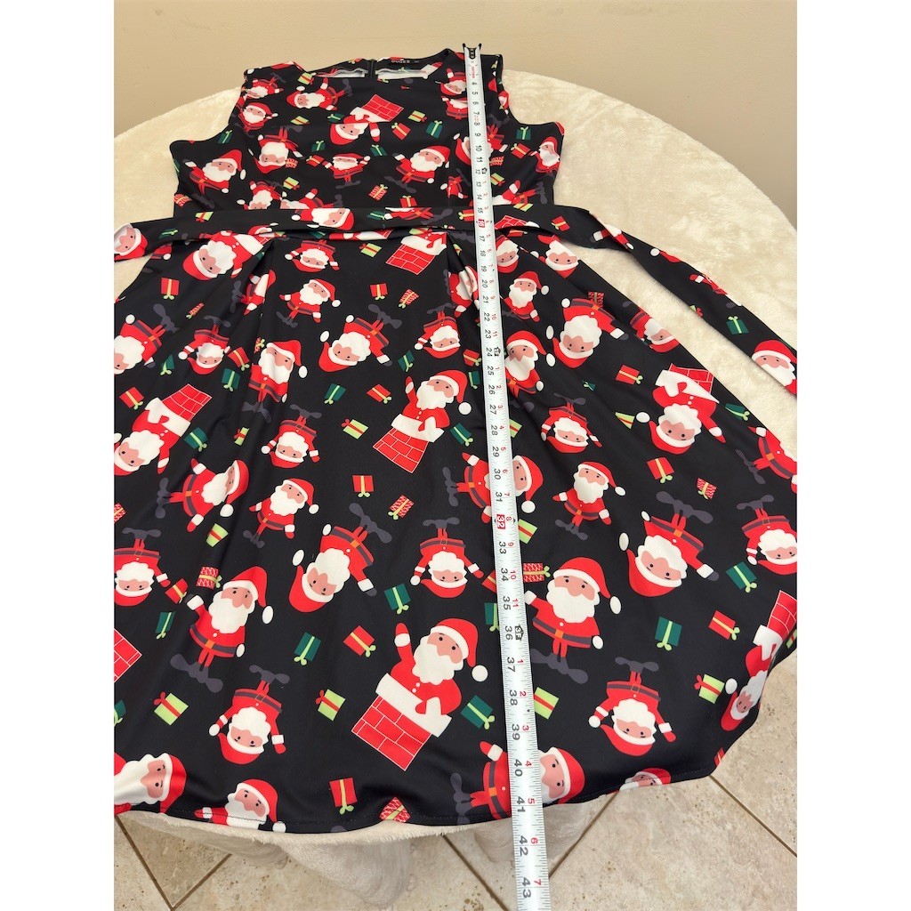 OUGES Dress Womens 2XL Black Santa Claus Christmas Print Fit & Flare Belt