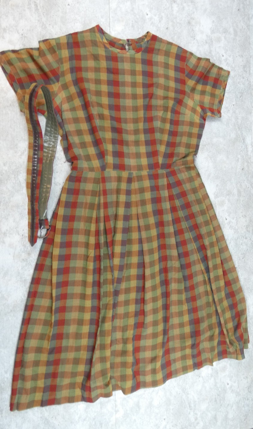 Vintage Handmade Dress Womens 16 Mustard Maroon Plaid MCM 60s Everyday Casual