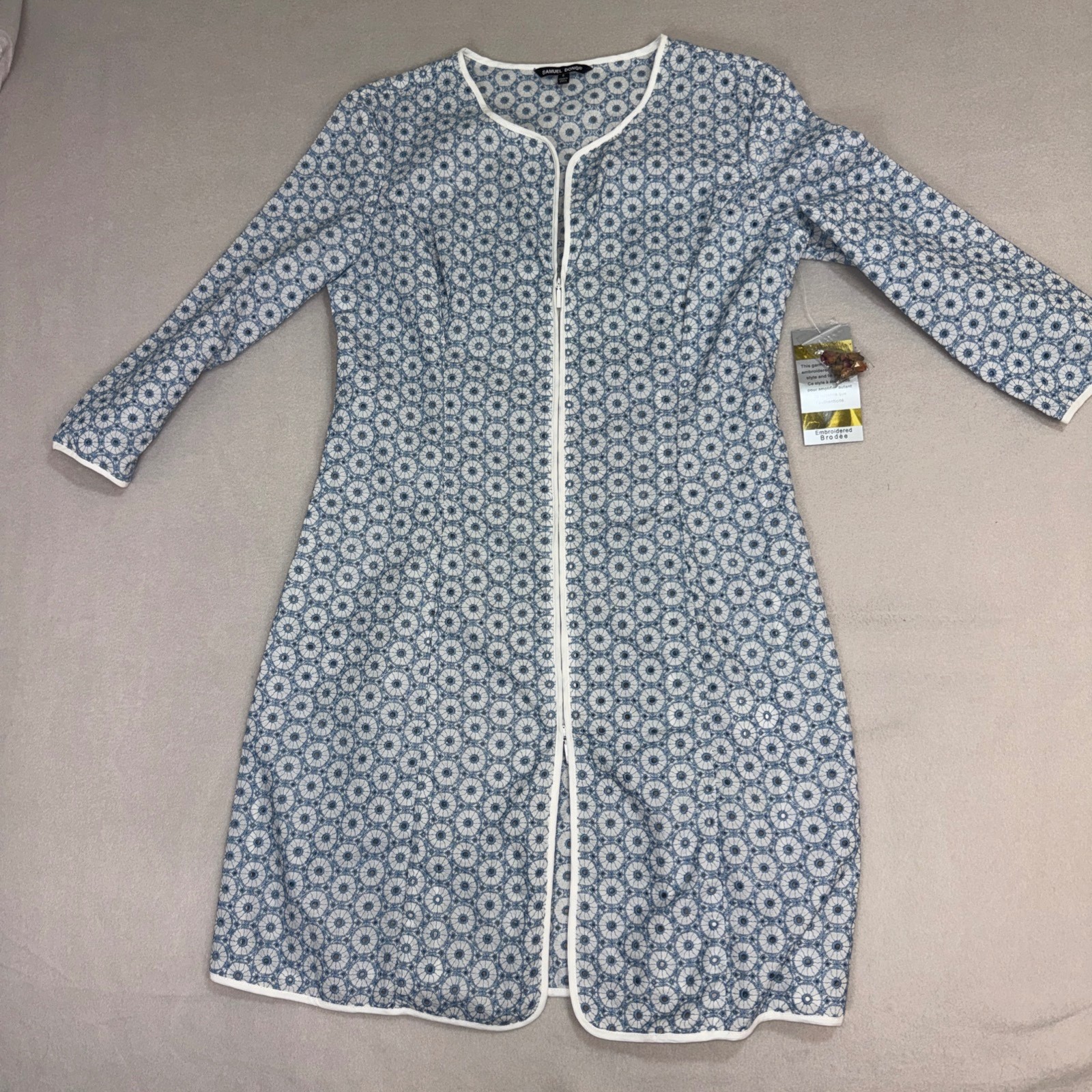 Samuel Dong Women Sz S Blue Eyelet Embroidered Zip Front SheathDress Jacket