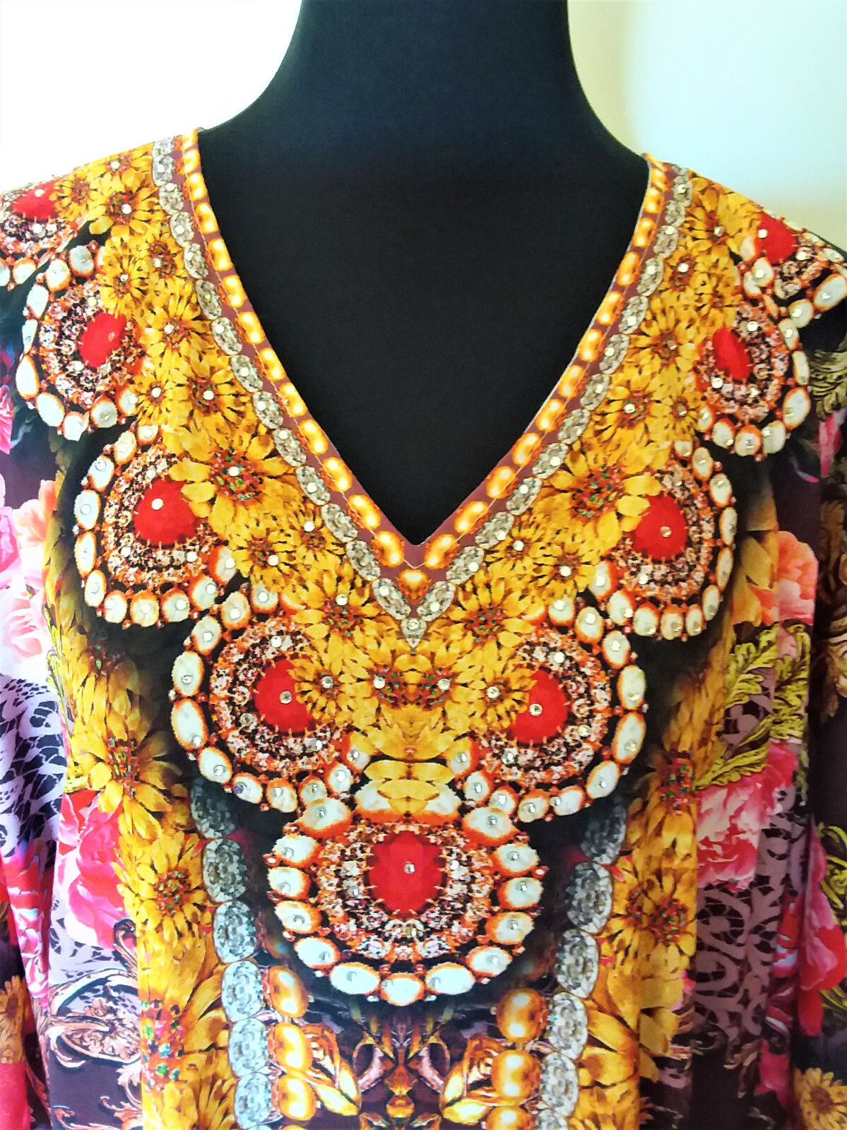 HEAVILY EMBELLISHED DIGITAL FLORAL PRINT V NECK CREPE KAFTAN/DRESS KC18