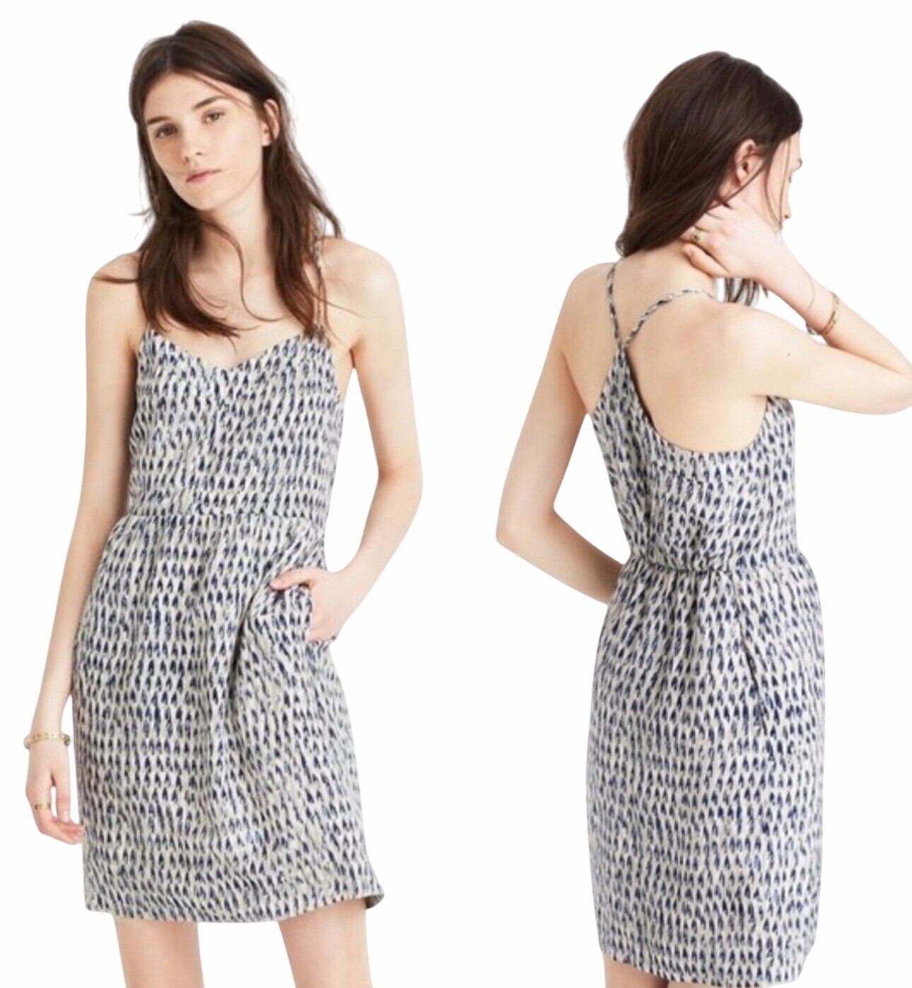 Madewell Silk Ikat Print Strappy Dress Sz 14 Blue White Midi Flowy Costal Casual