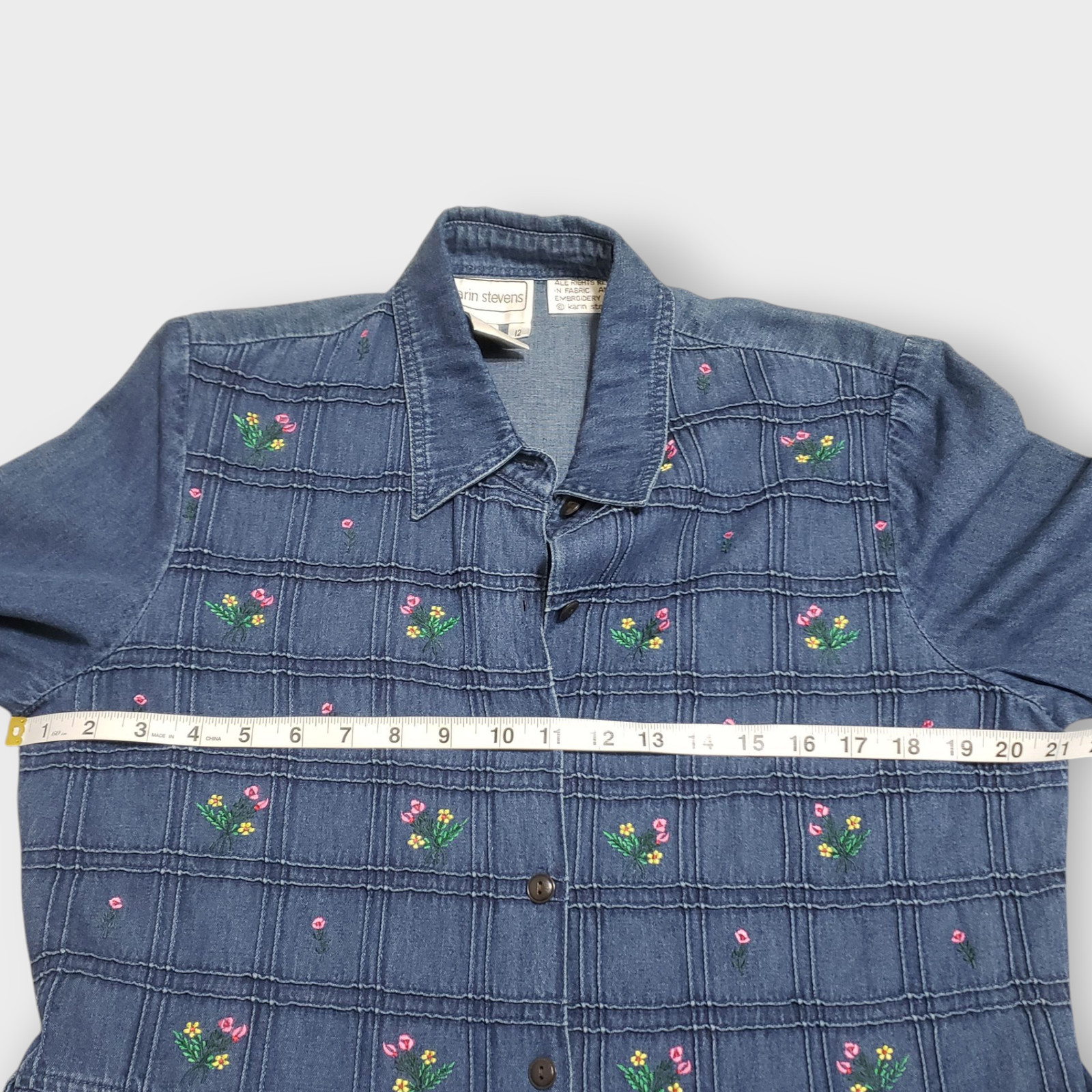 Karin Stevens Denim Button Front Midi Dress Floral Embroidered Sz 12 Cottage