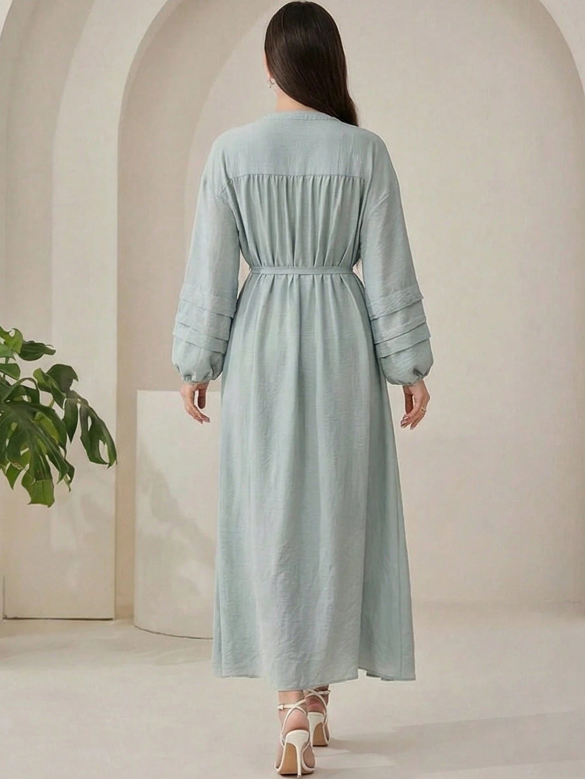 Womens Elegant Round Neck Button Detail Long Dress