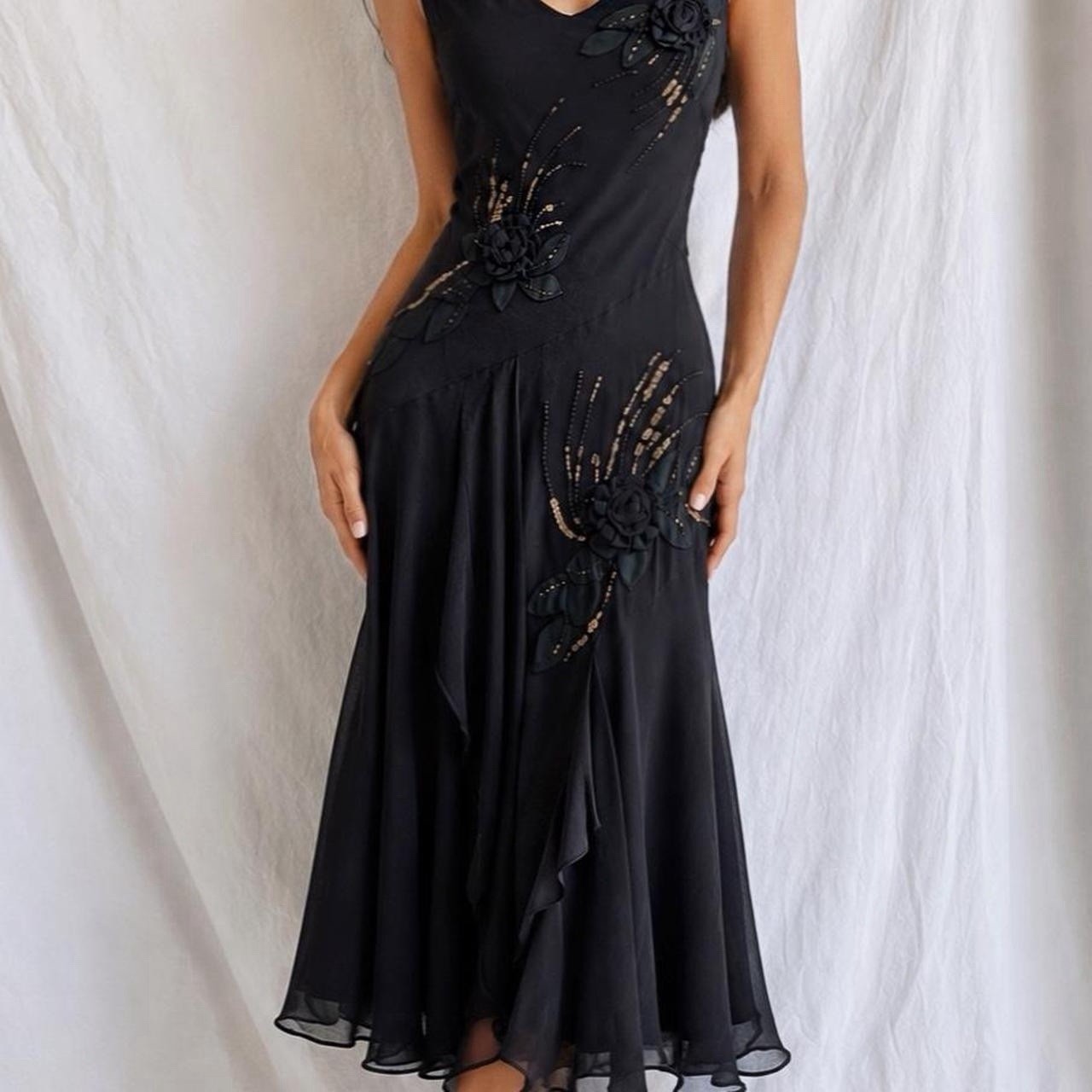 Vintage 100% Silk Black Dress. Sequin Floral 3D Embellished Midi, Size XS