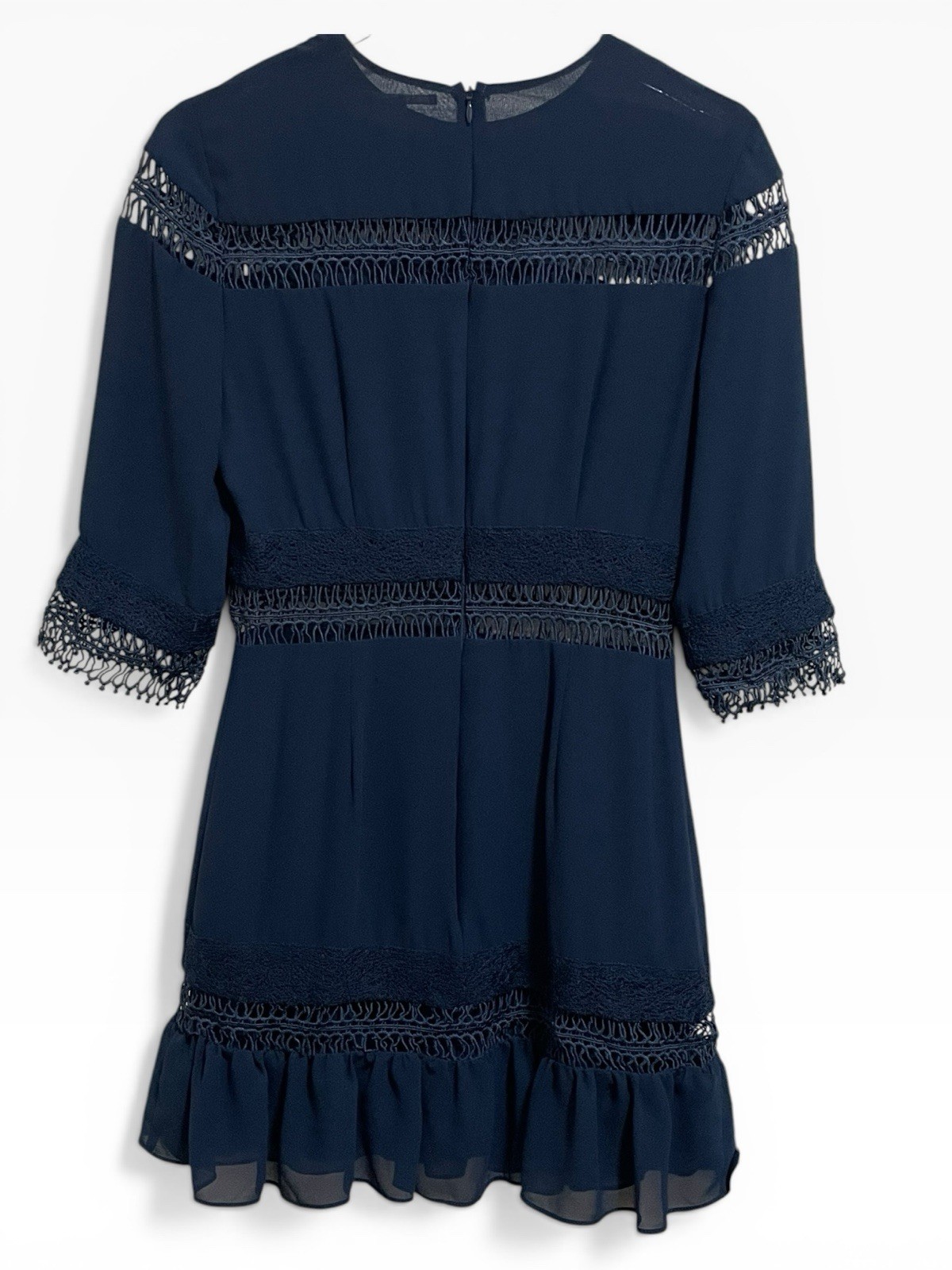 Tularosa Asher Dress Sz Small Blue Embroidered Lace Trim Sheer Open Panel Ruffle