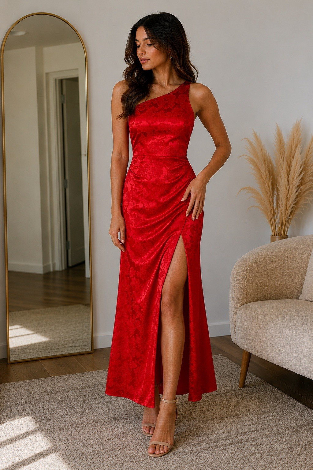 Lulus Red Floral Jacquard One Shoulder Maxi Dress XS Slit Lined Zip