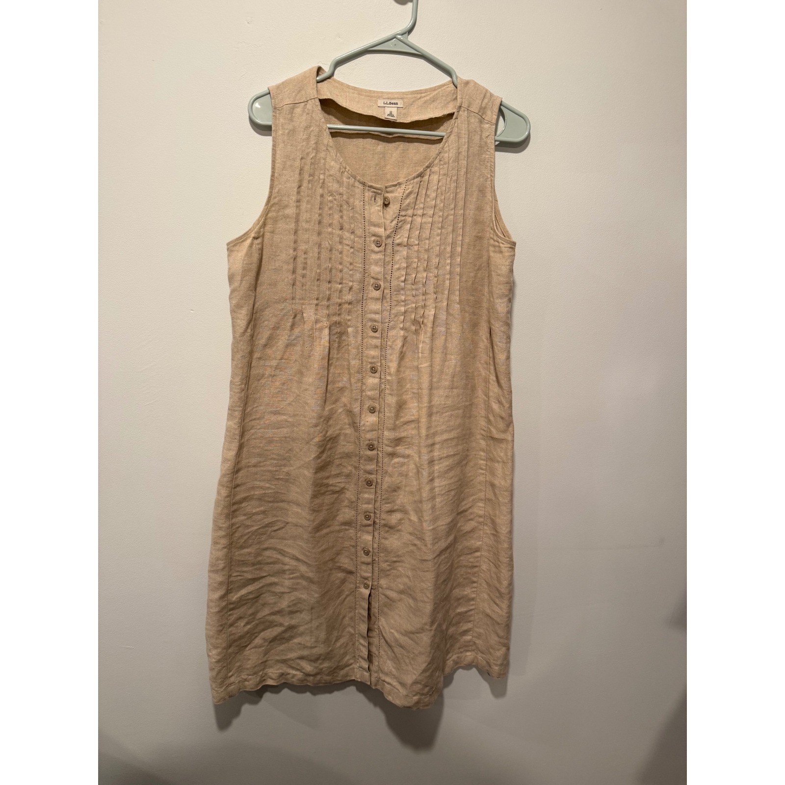 LL Bean 100% Linen Sleeveless Button Front Pintuck Shift Dress Beige Tan 12 REG