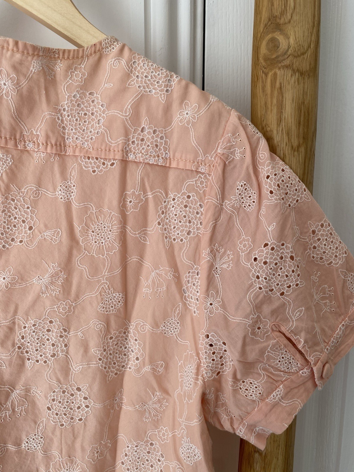 Coach Floral Eyelet Embroidered Mini Dress Womens Sz 12 Peach Ruffle Hemline