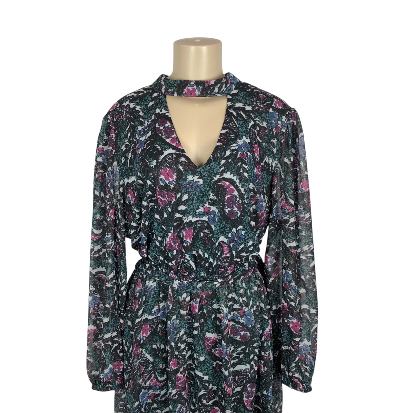 Lane Bryant Multicolor Print Belted A-Line Dress Size 16 Keyhole V-Neck Floral