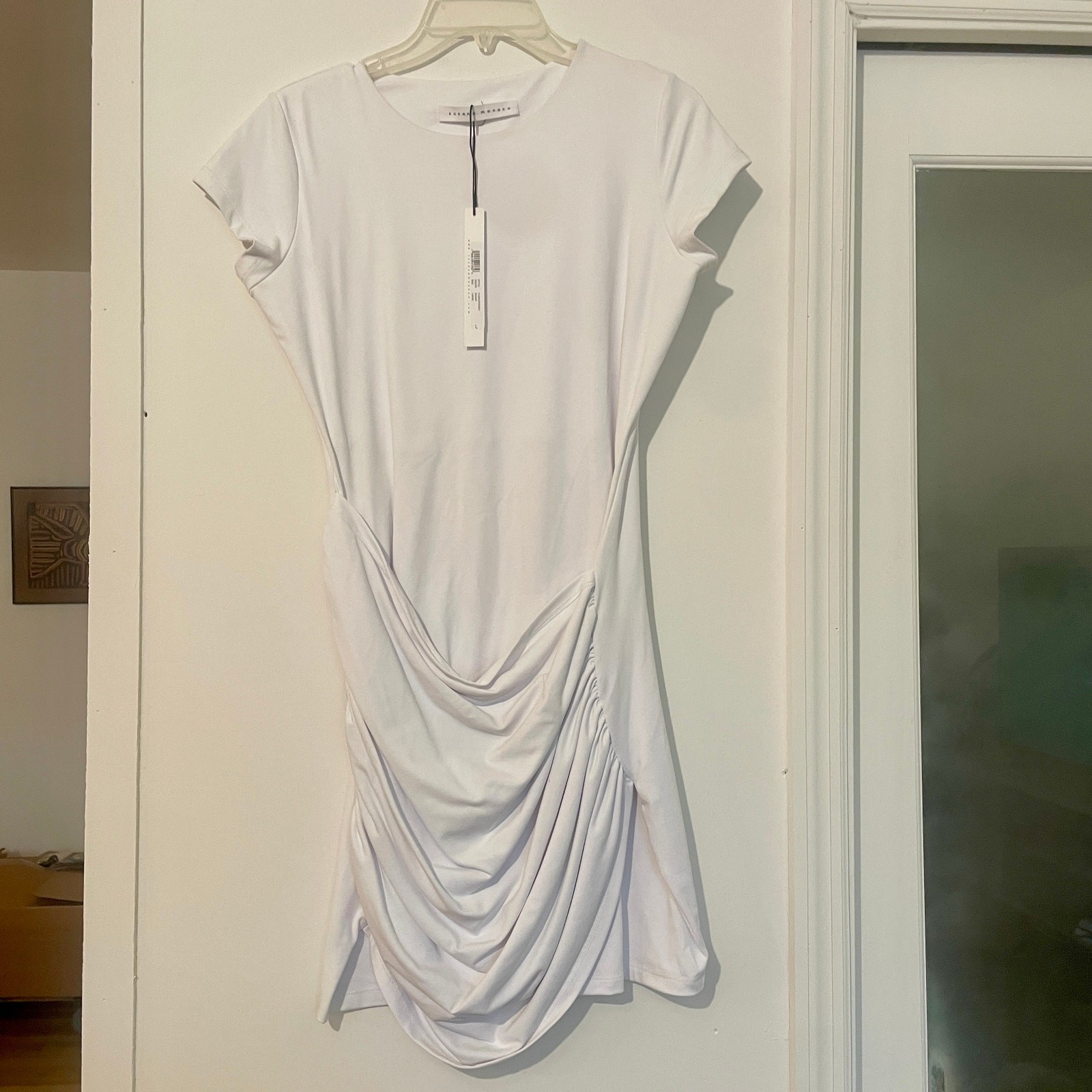 NWT Susana Monaco Short Sleeve Draped Mini Dress Ruched White Sugar sz L