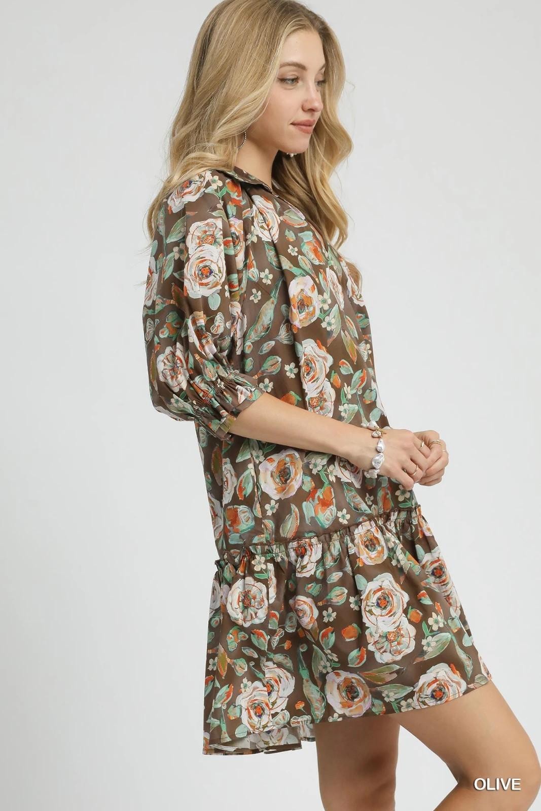 Umgee Olive Floral Drop Waist Collared Shirt Dress 3/4 Cuff Sleeves