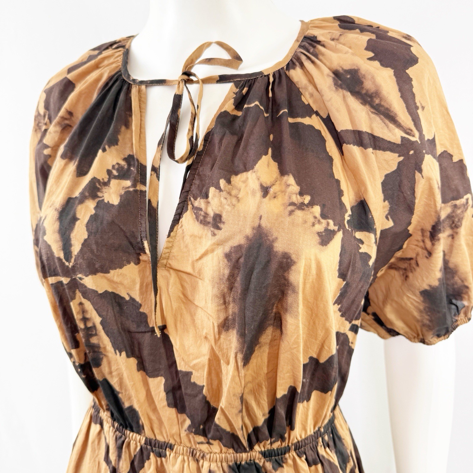 Rails Brown Tigers Eye AMABELLA Mini Dress Size S Puff Sleeve Elastic Waist Boho
